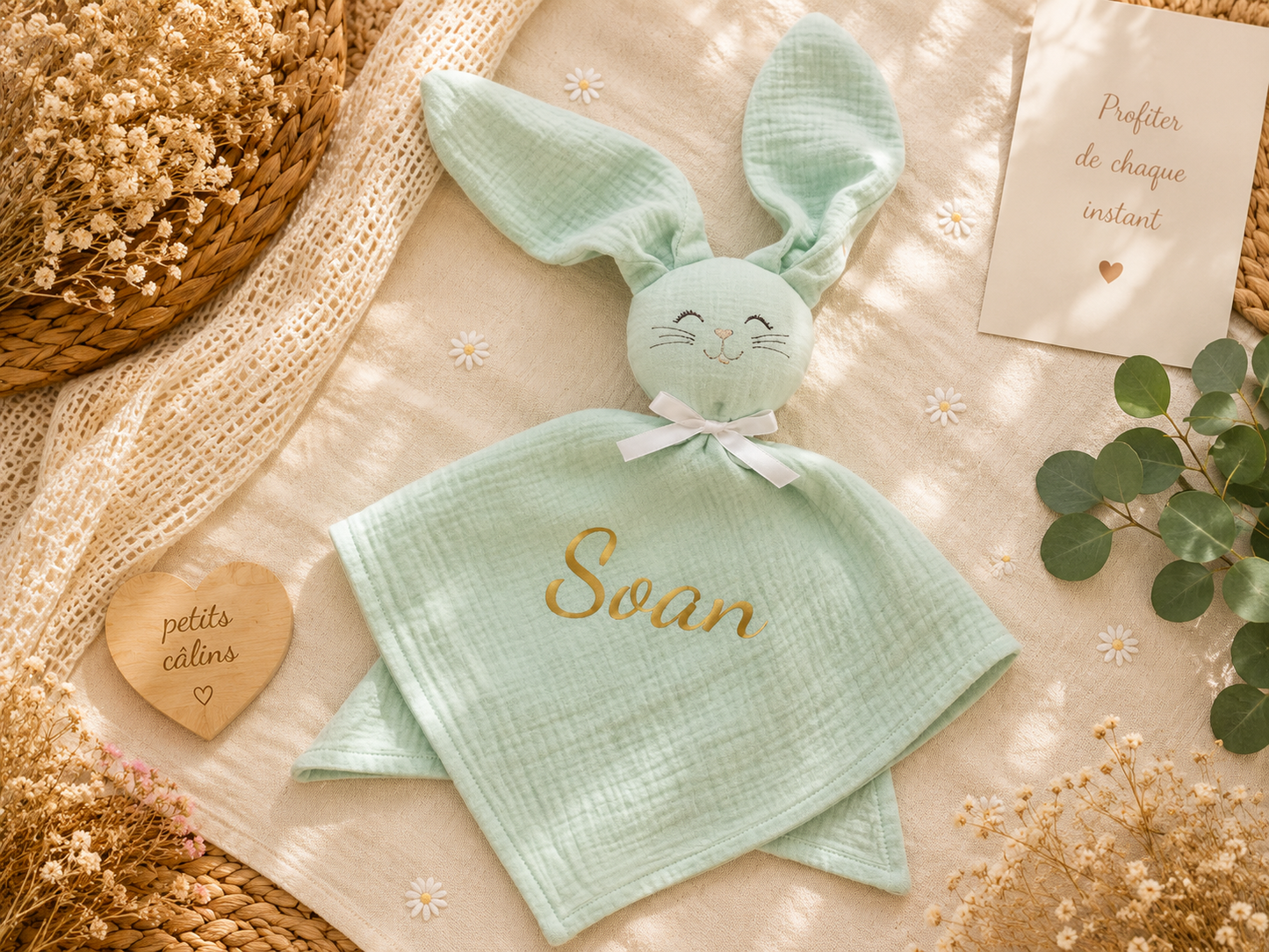Doudou Gaze de Coton | Lapin Vert d’eau