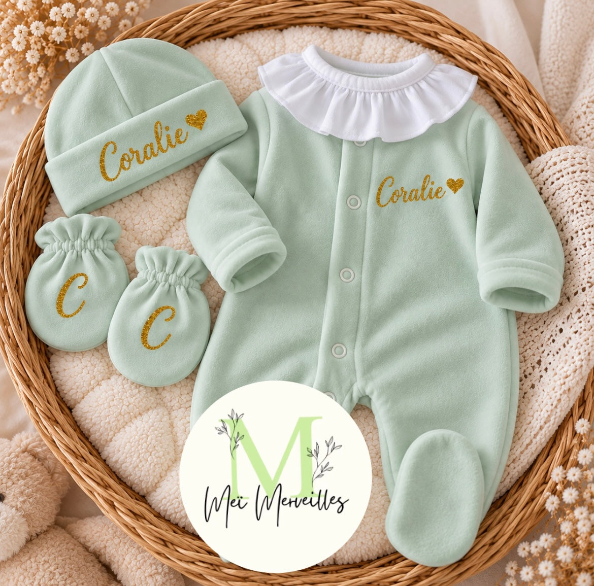 Précommande pour début novembre | Tenue velour 0-3 mois | Col Claudine Vert