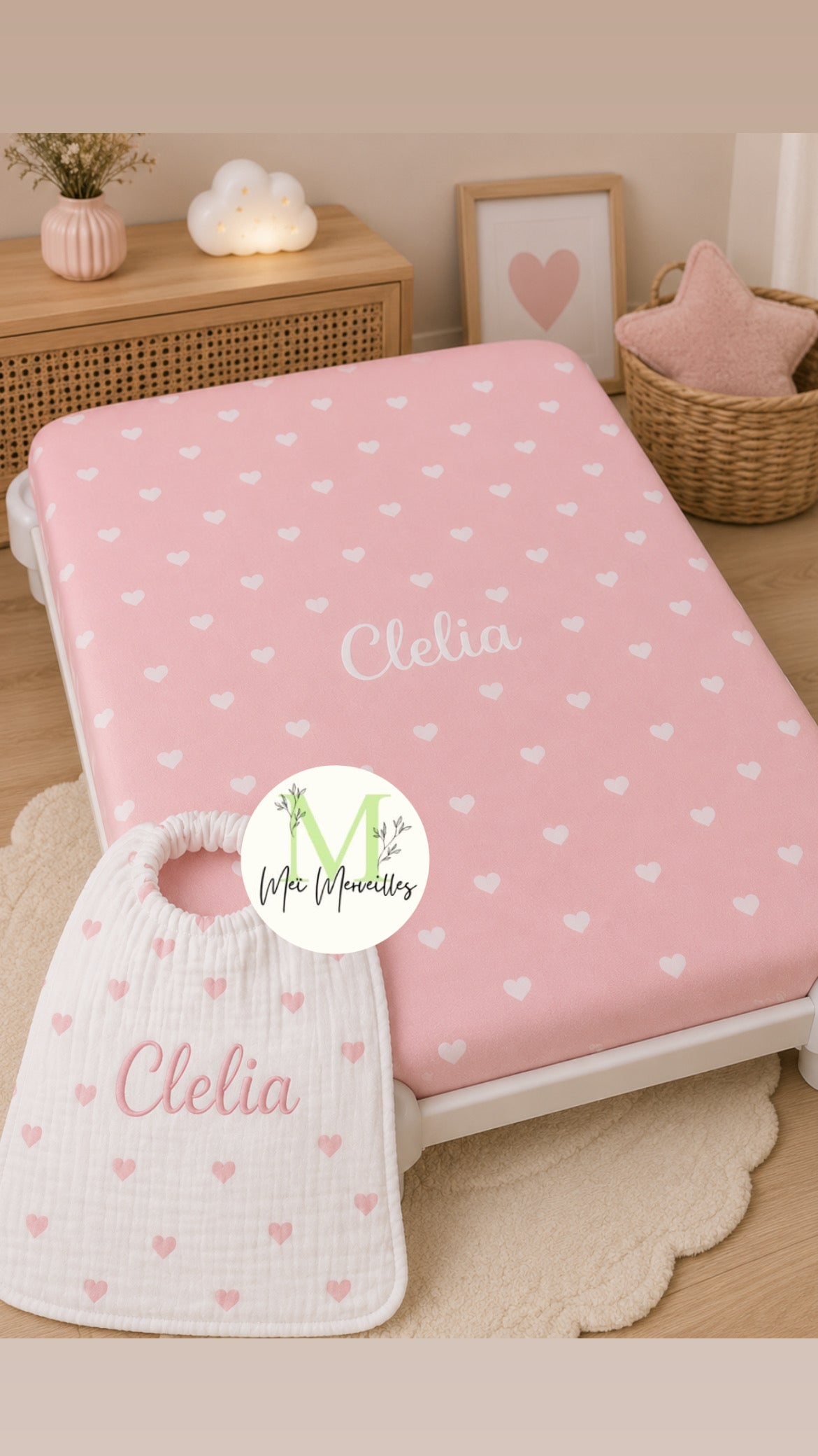 Drap picot + bavoir cantine | Plein de cœurs 🩷
