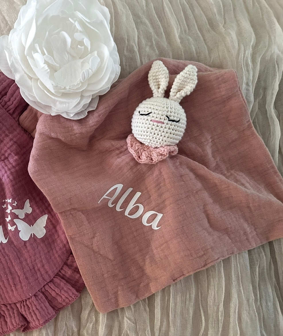 Doudou Gaze&Crochet | Lapin vieux rose