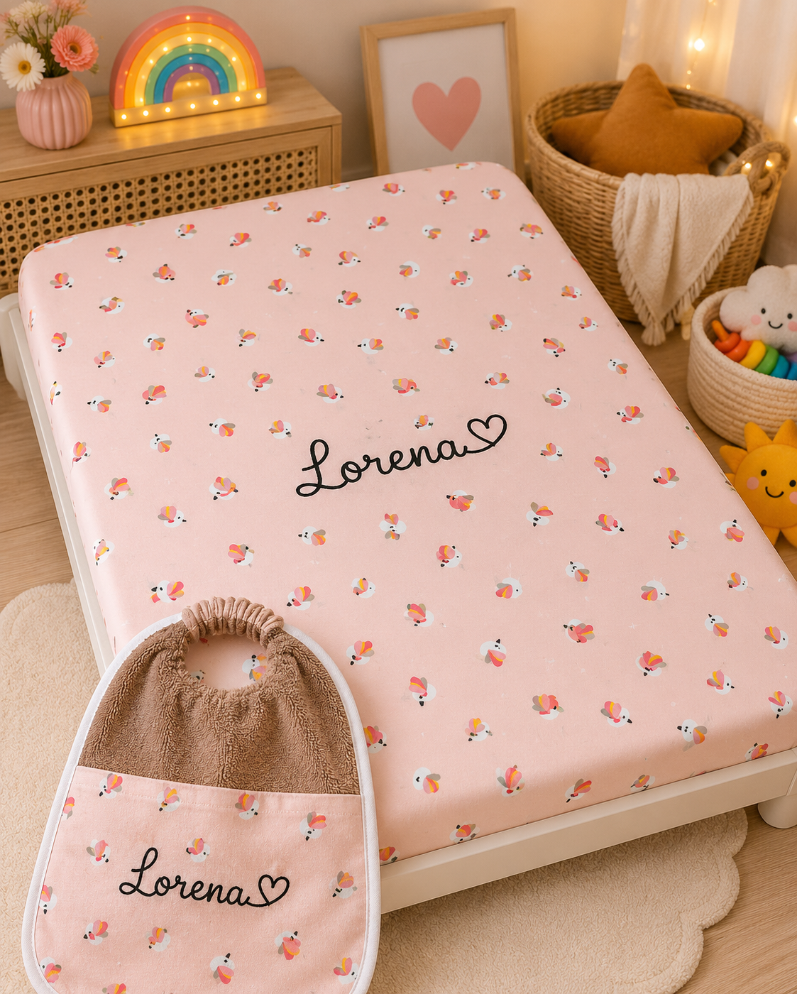 Drap picot + bavoir cantine | Petit oiseau