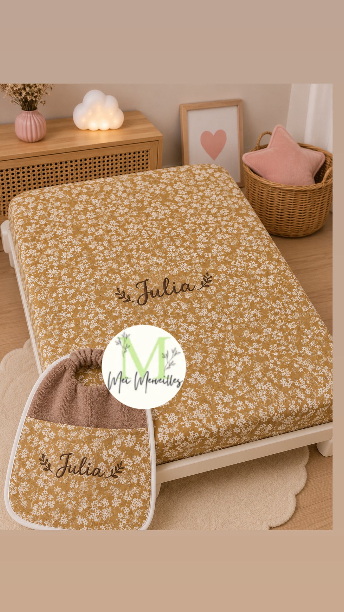 Drap picot + bavoir cantine | Fleur ✨