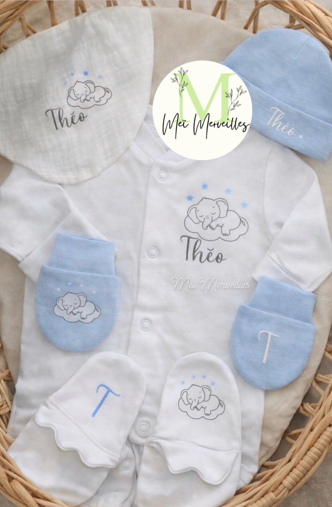 Tenue de naissance | Thème éléphant sur nuage