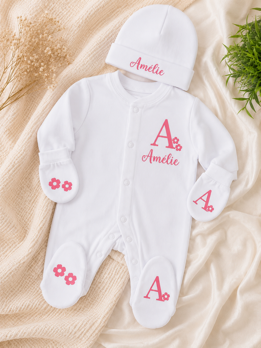Tenue Naissance coton  | Lettre Fleuri