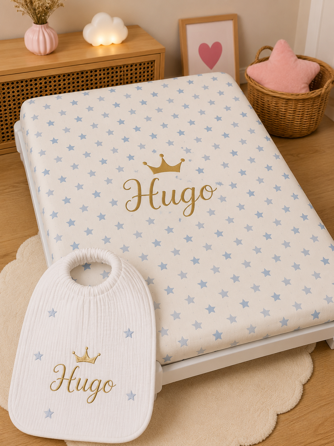 Drap picot + bavoir cantine | Étoiles ⭐️