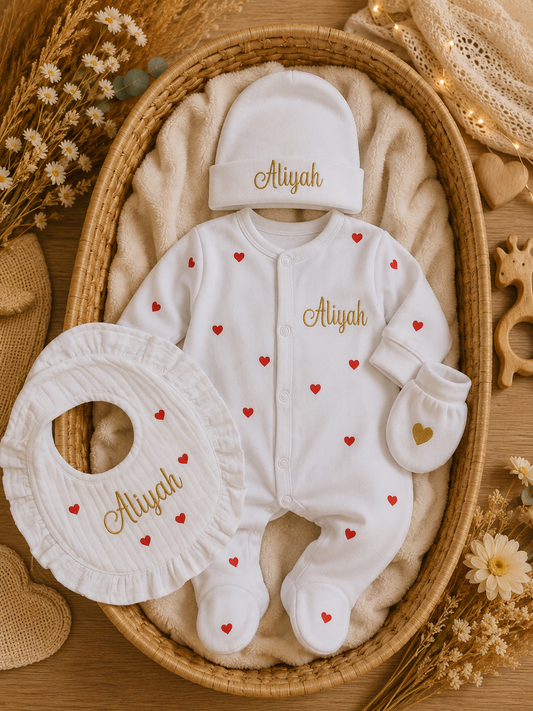 Tenue naissance coton | Plein de cœurs