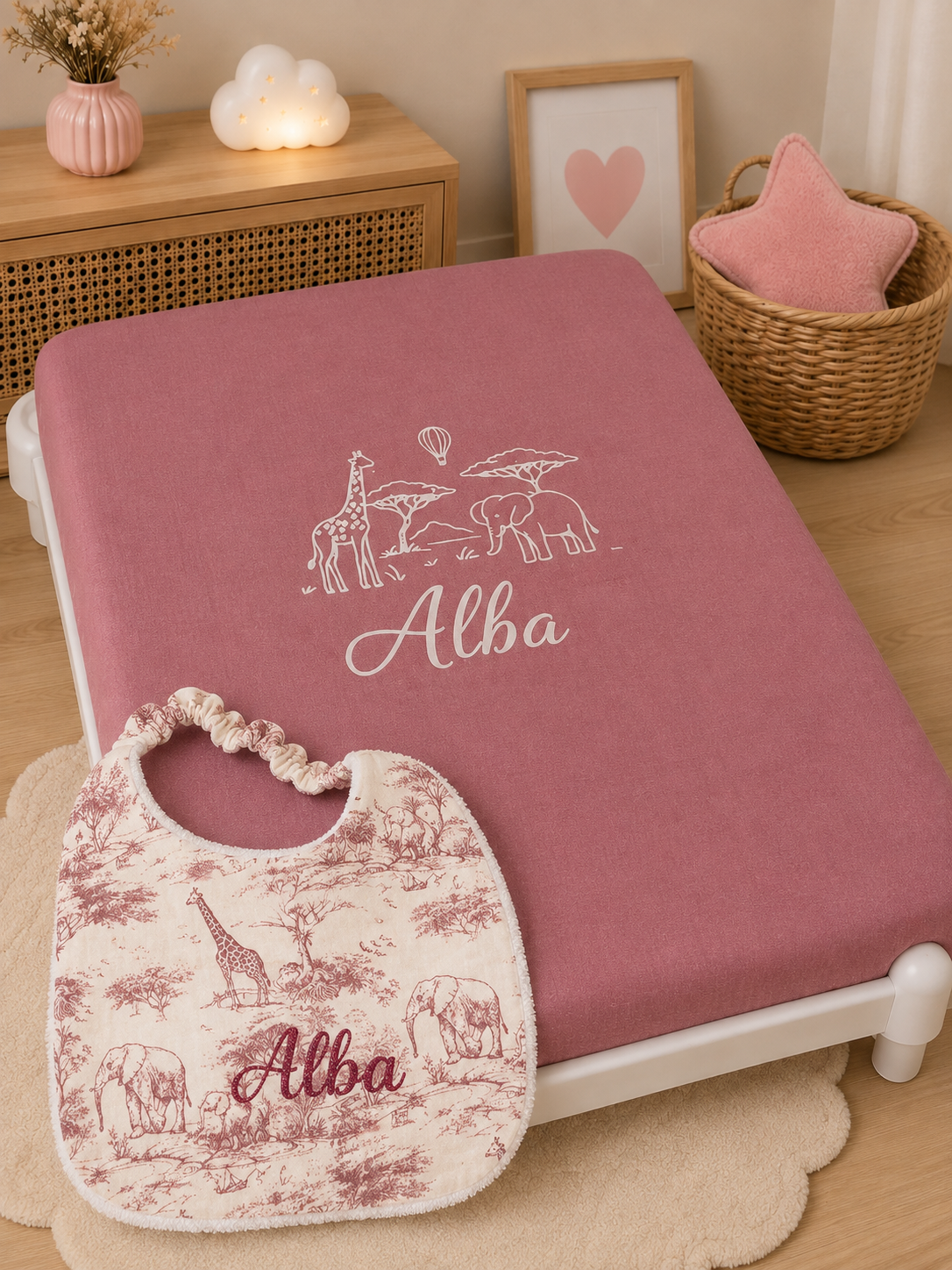 Drap picot + bavoir cantine | Safari rose