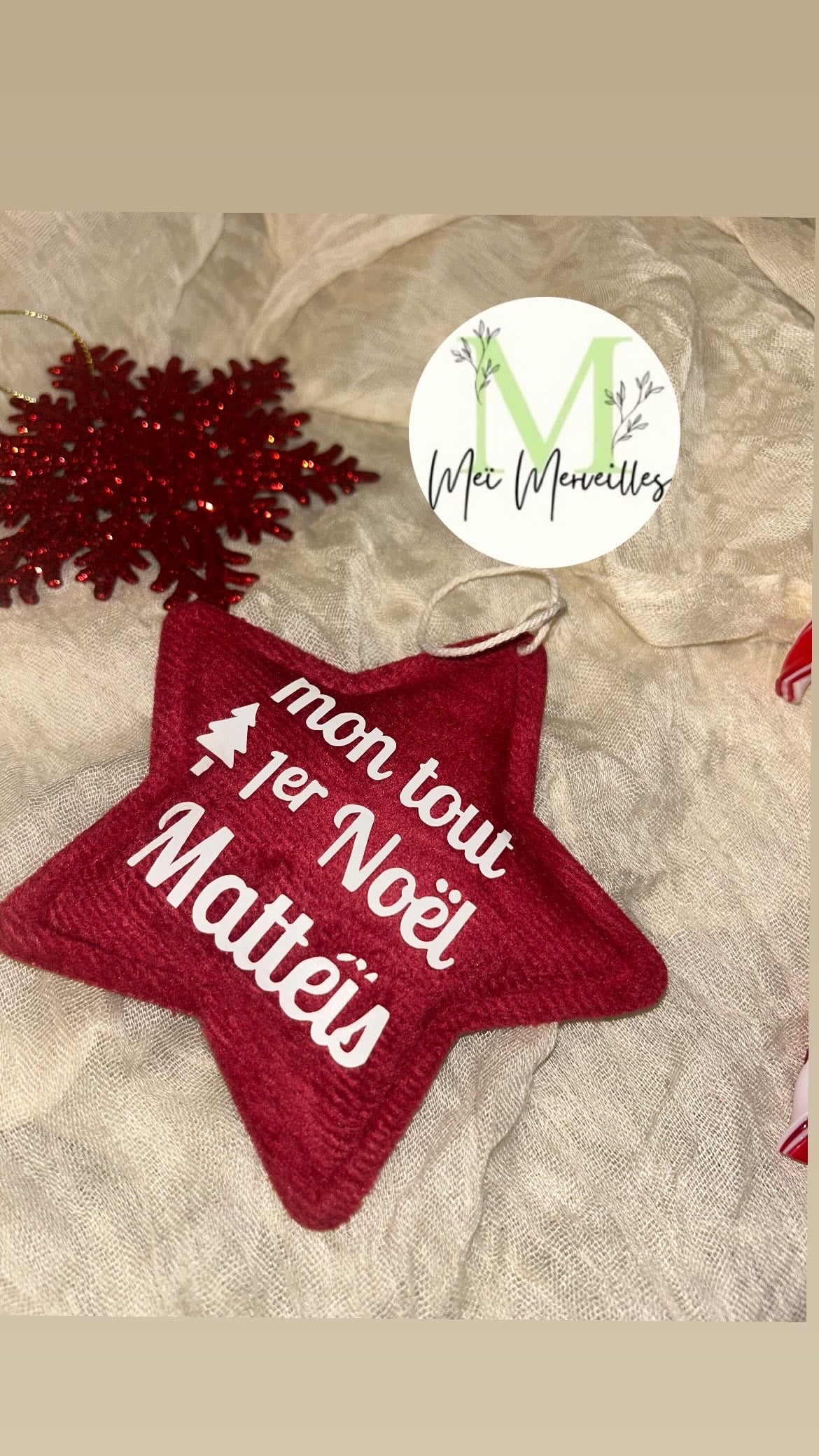 Étoile velours rouge | 1er Noël + prénom