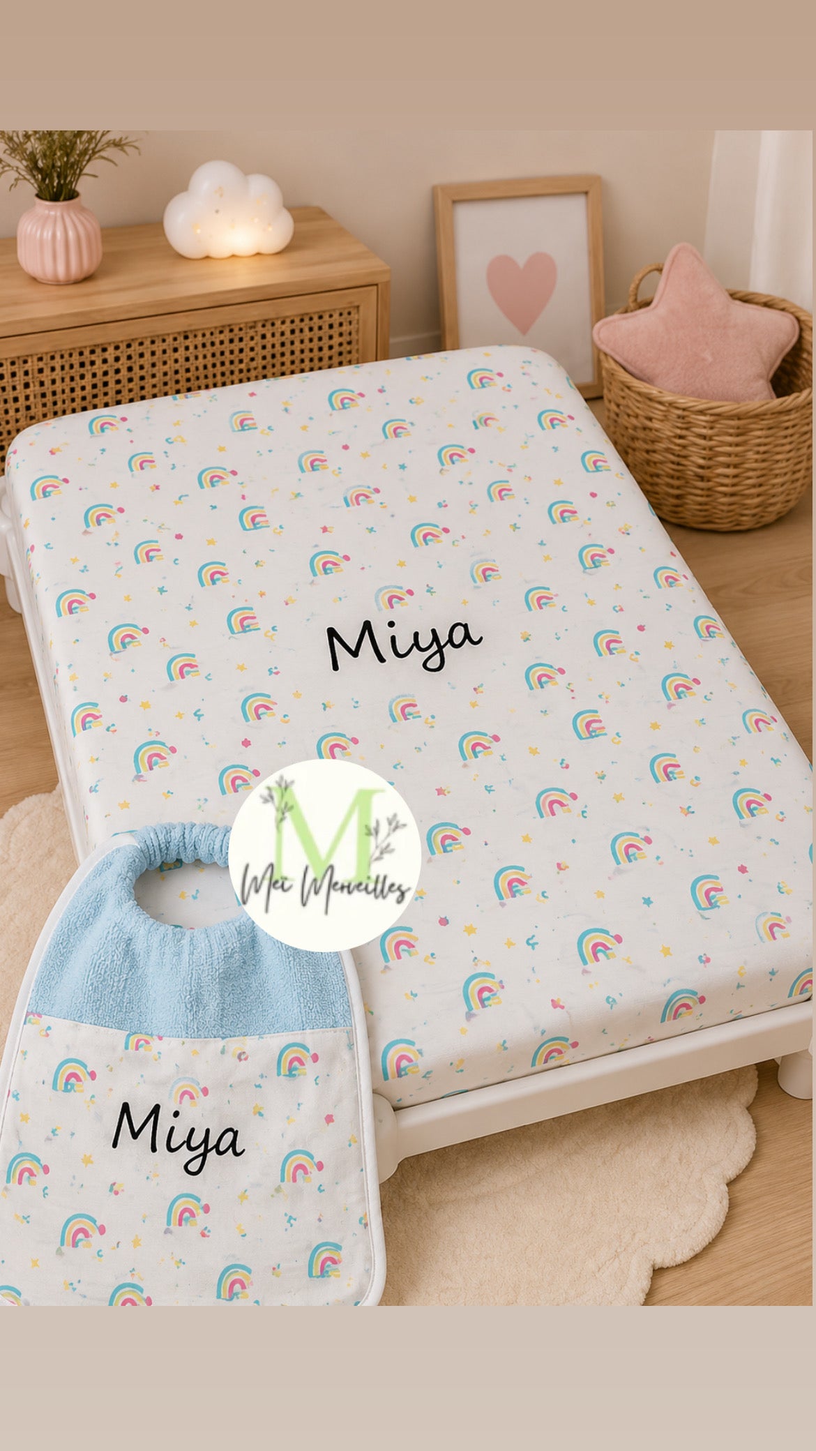 Drap picot + bavoir cantine | Arc en ciel 🌈